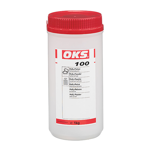 OKS 100二硫化钼粉末，高纯度可改善机器零部件的滑动性能。 与润滑油或润滑脂组合用于磨合润滑。 防止摩擦和磨损。 用于复杂的金属冷成形加工。 与塑料、密封和填料组合使用。