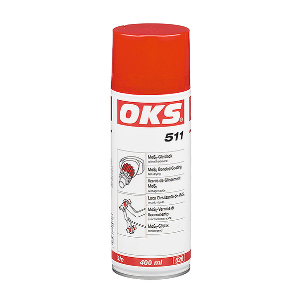 OKS 511二硫化钼润滑涂料，速干型用于在多尘和低滑动速度的情况下临时运行或长期停机的干式润滑。 与润滑油或润滑脂组合用于磨合润滑。 产生紧急运行性能。 在室温下干燥。