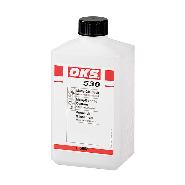 OKS 530二硫化钼润滑涂料，水质， 风干在不可以使用润滑油和润滑脂时，可用于润滑重负荷链条。 可以喷洒到灼热表面上。 应用的温度范围广泛。 在室温下干燥。 干燥后的滑动膜可以上油。 最多可以按 1:5 的 比例与水混合。